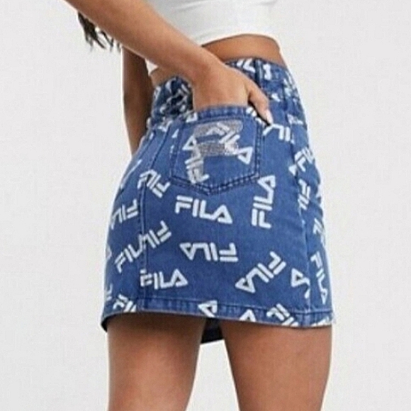 Fila Denim Mini Skirt w/ Diamante Logo Print - Picture 1 of 7